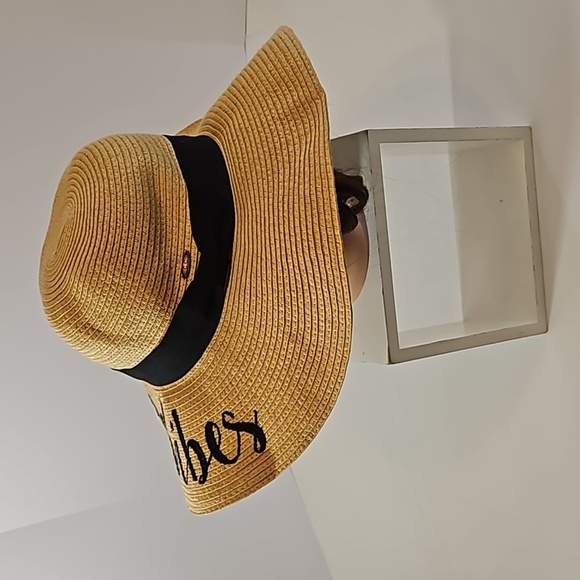 C.C Exclusive Fashionable Sunhat paper straw Good Vibes black embroidery design - Picture 9 of 17
